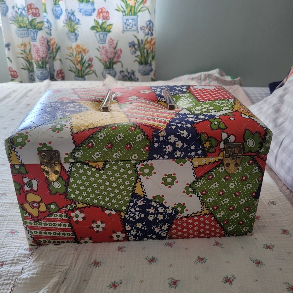 Vintage 1970's Patchwork Floral Sewing Train Case Storage Faux Quilted